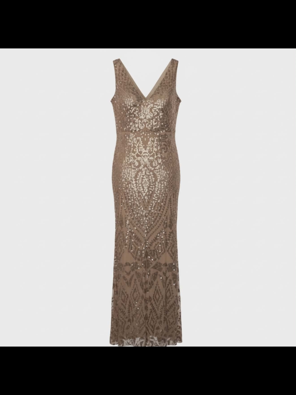 Taupe Sequined V-Neck Evening Gown